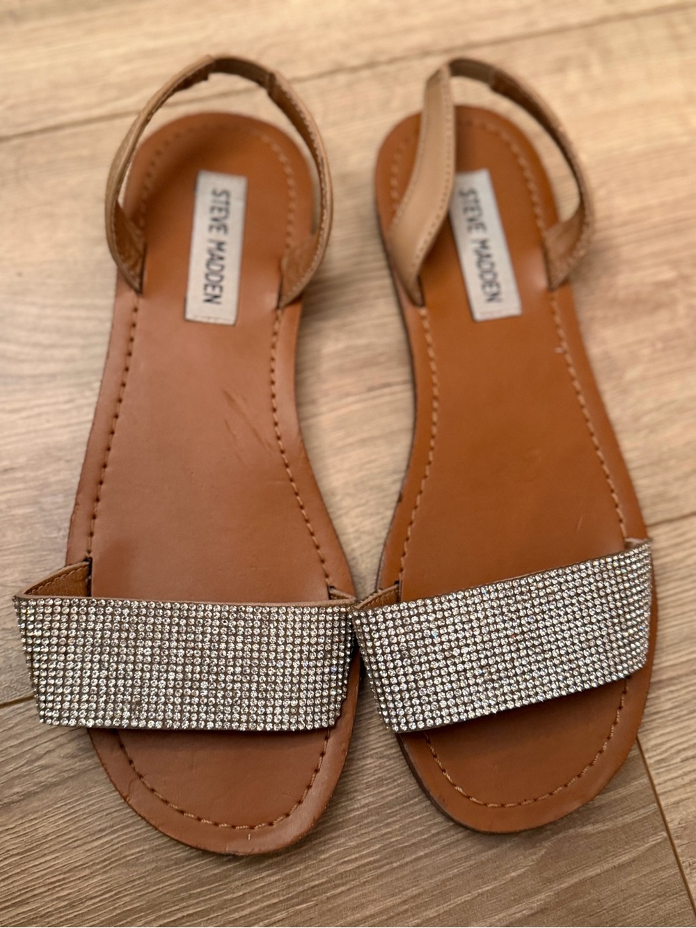 Steve Madden Tan Sandals with Silver Crystal Strap size 7.5